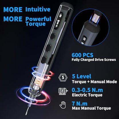 STREBITO Mini Electric Screwdriver, 70 in 1 Small electric screwdriver Set | 5 Upgraded Torque & Indicator, 64 S2 Preicison Bits, 4 LED Lights, Mini Power Screwdriver Repair Tool Kit for PC Electronic - style: Upgraded