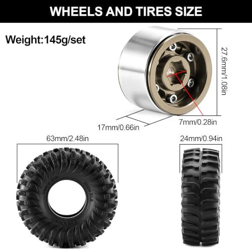 1.0" Beadlock Aluminum Wheels and 64mm Soft Rubber Tires | for SCX24, TRX4M, Ascent 18, FCX24, 1/18 1/24 RC Crawler, 7mm Hex, 0mm Offset, with Foam Inserts, (Bronze A) - color: Bronze A