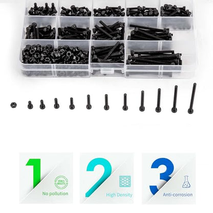 440 Pcs M3 Small Metric Screws with Nuts, Hex Socket Head Cap and Nut Assortment Kits, Alloy Steel Replacement Machine Fastener Screws and Bolts Nuts (440Black) - color: 440Black