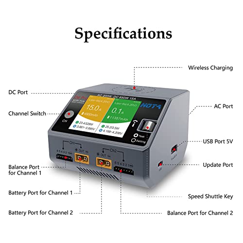 HOTA D6 Pro Balance Charger: Dual Ports Smart Charger with Phone Wireless Charging for Lipo Battery Li-ion LiHv Nicd NiMH Battery RC Car Drone Support AC/DC Input （Transparent Blue）