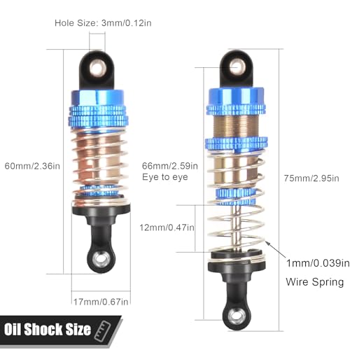 Oiled Shocks Upgraded 66mm/72mm Aluminum Oil Shock Absorber Set for 1/12 1/14 1/16 RC Cars - Compatible with WLtoys 144001, 124019, MJX 16208, HBX & More - color: Bz-silver-blue