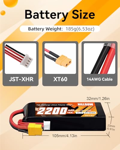 Hilldow 2200mAh Lipo Battery 3S 11.1V 40C RC Battery with XT60 Plug for RC Car Truck RC Vehicles Boat Drone RC Airplane Quadcopter Helicopter