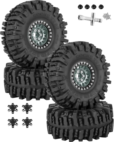 RC 1.9 Beadlock Wheels 1.9 Beadlock Tires for 1/10 SCX10 90046 AX103007 TRX4 TRX6 D90 VS4-10 MST CFX Gen8 7 RC Crawler,Alloy Aluminium rc Wheel Rim w/Rings & Rubber Tires,Titanium w/Black - color: Titanium(4pcs)