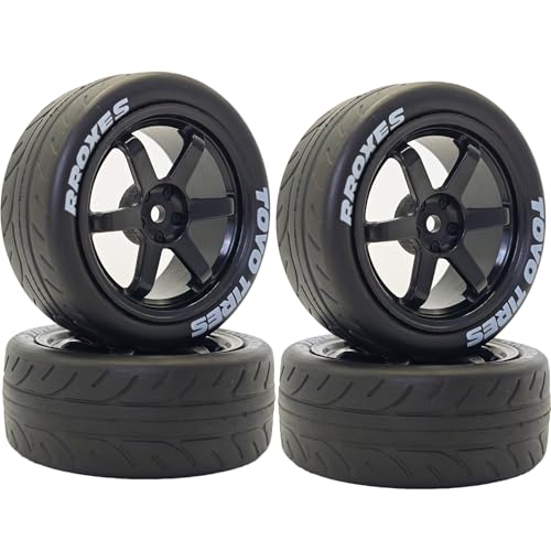 1/10 RC On Road Tires OD 68mm and Hard Plastic Street Wheels 12mm Hex Touring Tyres for 1:10 Rally Racing Drift Car Tamiya TT01 TT02 XV01 HPI KYOSHO HSP PTG2 Traxxas TA06 A959 4PCS (Black) - color: Black