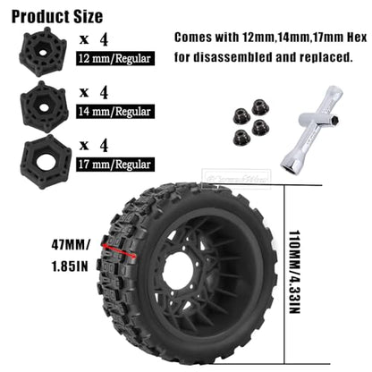 RC Truck Tires RC Wheels and Tires,12mm/14mm/17mm Hex RC Tires for 1/10 Slash 4×4 2WD,Arrm a Senton,Axia1 Red cat Rc 4wd,Off-Road Tire w/RC Wheels Hex,Black - color: Black(4pcs)