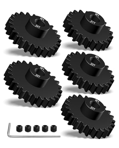 M1 Steel Pinion Gear Set 21T-25T 5mm Shaft Fit for 1/10 RC Brushless Motor | 5 Pack Hardened 45# Steel Gears, Includes Hex Key, High Load Wear Resistant, Compatible with Arrma Losi Traxxas RC Vehicles