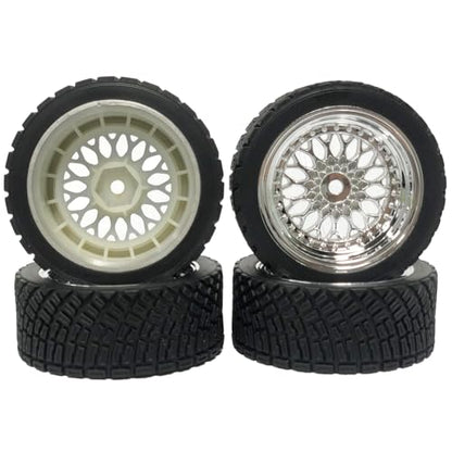 4PCS 65mm RC Rally Car Rubber Tires and Plastic Plating Wheel Rims Set 12mm Hex for 1/10 RC On-Road Rally Drift Racing Car for HSP Tamiya Sakura HPI WR8 HSP TT02 WLtoys (Silver) - color: Silver