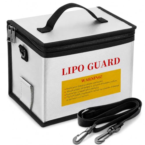 LiPo Safe Bag Fireproof Explosionproof Battery Storage & Charge Safe Pouch | Fire Resistant Large Capacity Battery Guard Bag with Side Charging Port, Double Zipper, Reinforced Handle & Shoulder Strap - color: White