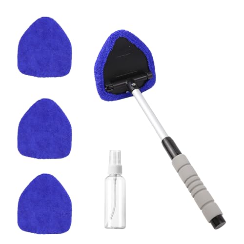 wuyaoyao Car Windshield Cleaning Tool, Car Windshield Window Cleaner, Auto Window Glass Cleaning Kit with Extendable Handle & Reusable Microfiber Pad & Spray Bottle, Universal Car Accessories (Blue) - color: Blue