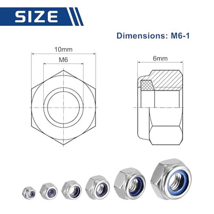 10Pcs Nylon Locking Hex Nuts - [M6-1], 304 Stainless Steel Hardware Nuts, Silver, for Automotive, Aerospace, Industrial Applications Use - color: Silver, size: M6x1mm