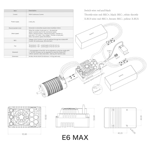 XC E6MAX APP Controls Sensored Brushless ESC for RC Car, 3-8S Lipo,550A Continuous Current,8-25A、6.0/7.4/8.4V BEC,Suitable for 1/6 1/5 Bashing Speed Run - size: E6MAX