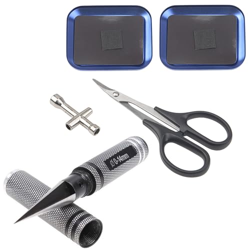 0-14mm Aluminum Alloy Expanding Hole Puncher Opener Reamer Tools with Protective Sleeve & 2Pcs Aluminium Screw Tray with Magnetic Pad & 1Pcs RC Curved Body Trimming Scissors & 1Pcs Wheel Hub Cross