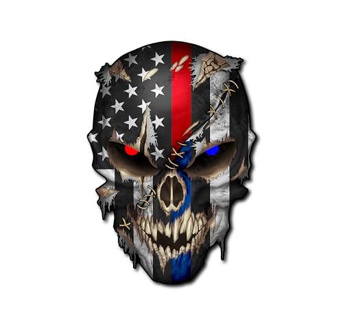 Ripped Skull US Flag with Thin Blue and Red Line Honoring Police and Firefighters Fire Fighter Department Fireman Firewoman - color: Blue Red Line, size: 6.5 Inch