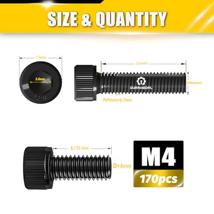 170pcs M4x10mm Screws Hex Socket Cap 12.9 Steel Black Zinc Half Thread | Hex socket head cap screws bolts alloy steel black zinc plated metric - size: M4*10mm 170pcs