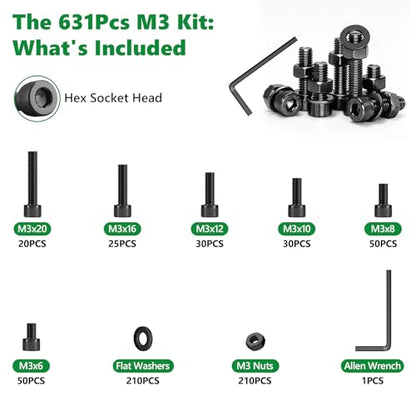 631PCS M3 Hex Socket Head Cap Screws, 12.9 Alloy Steel Bolts Kit | High-Tensile, M3 x 6/8/10/12/16/20mm, With Flat Washers & Allen Wrench, Black Zinc Plated For 3D Printing,RC,DIY - size: M3 631pcs 3