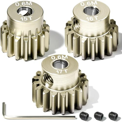3PCS 0.6M Pinion Gear Set 15T 16T 17T, 7075 Aluminum Alloy 0.6 Mod RC Gears with 3.175mm Bore for 540 550 Brushed Brushless Motors, Fits for 1/10 Tamiya Redcat HSP HPI RC Cars - size: 15 16 17T