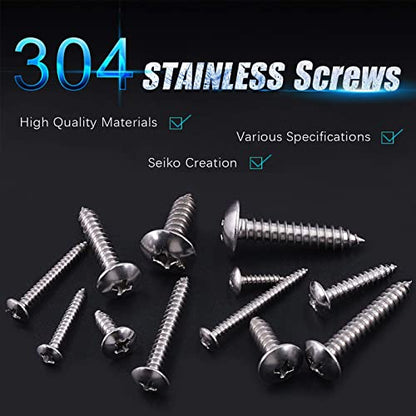 Swpeet 200Pcs #6#8#10#12 304 Stainless Steel Phillips Truss Head Self Tapping Screws Phillips Cross Drive Wood Screws Sheet Metal Screws Assortment Kit for Sheet Metal, Wood, PVC Plastic - size: Assortment Kit