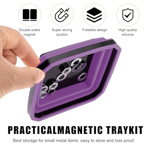 Yourkar Collapsible Magnetic Parts Tray, 4.5 Inch Foldable Magnetic Square Silicone Tray, Tool Tray Set with Double-Sided Magnetic Base for Screw Bolts Nuts Pins, Car Accessories (Black+Purple, 2PCS) - color: Black+Purple, 2PCS
