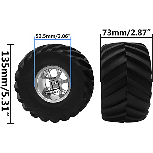 5.31''OD Rubber Tires & Wheel Rim 12mm Hex Hub Compatible with Traxxas Rustler HPI HSP Volcano Tamiya Exceed Himoto 1/10 Off-Road Monster Truck,135mmx73mm (Silver) - color: Silver