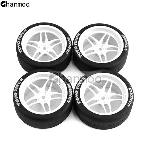 1/10 RC Drift Tires and Plastic Wheels Rims Rally Racing Tyres 12mm Hex for 1:10 Scale On Road Touring Street Car Tamiya Traxxas HPI KYOSHO XV02 XV01 TT01 TT02 PTG2 A959 4PCS (C White) - color: C White