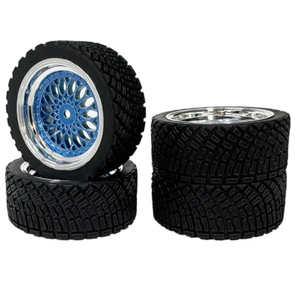 4PCS 65mm RC Rally Car Rubber Tires and Plastic Plating Wheel Rims Set 12mm Hex for 1/10 RC On-Road Rally Drift Racing Car for Tamiya HPI WR8 HSP TT02 WLtoys(Blue Silver) - color: Blue Silver