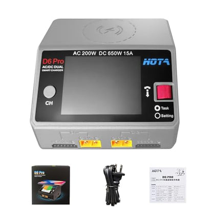 HOTA D6 Pro Lipo Battery Charger Dual Channel Smart Charger AC200W DC650W 15A for LiHv Nicd NiMH Lipo RC Battery Charger with Balance Phone Wireless Charging RC Car RC Boat FPV Race Drone Parts (Gray)