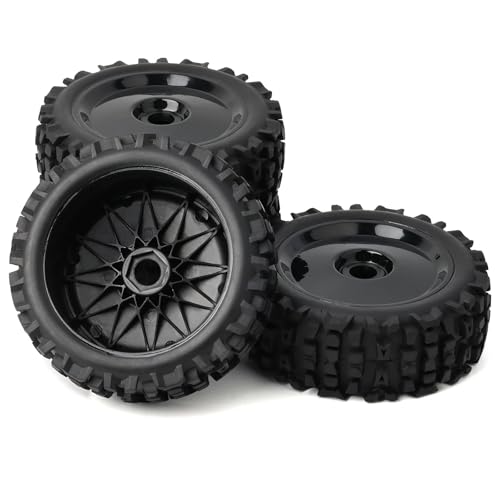 Preglued 1/8 Scale RC Buggy Truggy Tires & Wheels Set 17mm Hex Wheels Tyres- All-Terrain Deep Tread, Compatible with 1/8 Arrma Typhon, Losi, Team Associated, HPI (black rims) - color: black solid-dish rc wheels