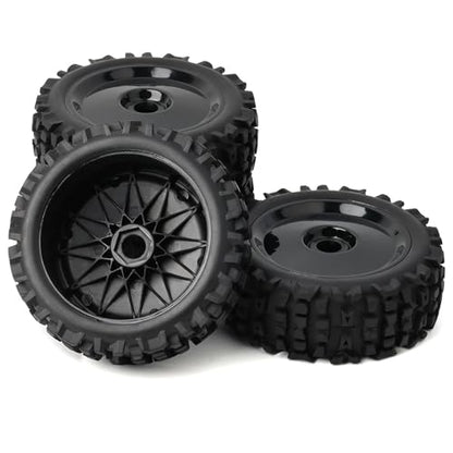 Preglued 1/8 Scale RC Buggy Truggy Tires & Wheels Set 17mm Hex Wheels Tyres- All-Terrain Deep Tread, Compatible with 1/8 Arrma Typhon, Losi, Team Associated, HPI (black rims) - color: black solid-dish rc wheels