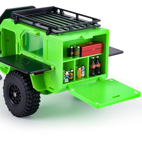 AMK 1/18 1/24 RC Crawler Trailer, Scale Off-Road Camping Trailer with Roof Rack & Storage Box, Tow Trailer for SCX24 TRX4M FCX24 AX24 Bronco Defender K10 F150 RC Accessories (Green) - color: Green