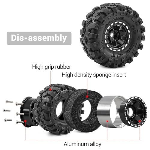 1.0" Beadlock Aluminum Wheels and 57mm Soft Rubber Tires | for SCX24, TRX4M, Ascent 18, FCX24, 1/18 1/24 RC Crawler, 7mm Hex, 0mm Offset, with Foam Inserts, (Black 3) - color: Black 3