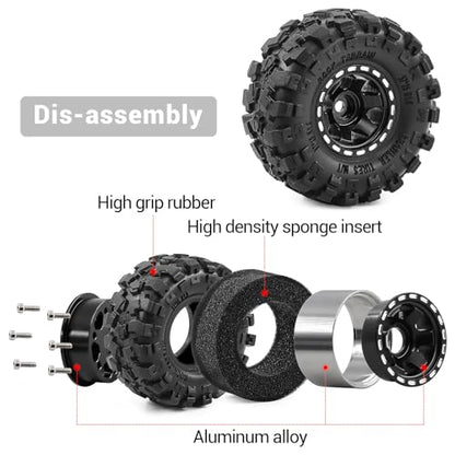 1.0" Beadlock Aluminum Wheels and 57mm Soft Rubber Tires | for SCX24, TRX4M, Ascent 18, FCX24, 1/18 1/24 RC Crawler, 7mm Hex, 0mm Offset, with Foam Inserts, (Black 3) - color: Black 3