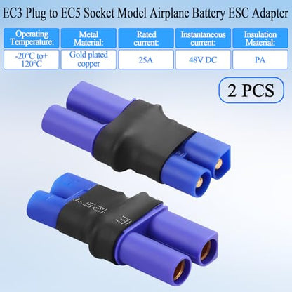 QIANRENON EC3 to EC5 RC Battery ESC Adapter 25A EC3 Male to EC5 Female Lithium Battery Connector Gold Plated EC3 Plug to EC5 Socket Converter, for Model Airplane Lipo Battery Drone, 2Pcs