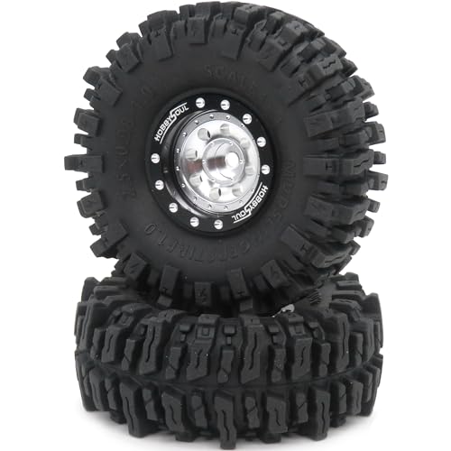 RC 64mm 1.0 Mud Slingers Tires Tyres & Metal 1.0 beadlock Wheels Adjustable Offset Rims, 1/18 1/24 Tires Wheels for RC Rock Crawler 1/18 TRX4M 1/24 SCX24 FCX24 - color: Black & Silver