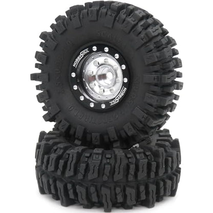 RC 64mm 1.0 Mud Slingers Tires Tyres & Metal 1.0 beadlock Wheels Adjustable Offset Rims, 1/18 1/24 Tires Wheels for RC Rock Crawler 1/18 TRX4M 1/24 SCX24 FCX24 - color: Black & Silver
