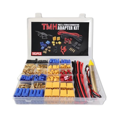 TMH 183 Pcs T-Plug EC3 EC5 XT30 XT60 XT90 TRX-Plug Male & Female Adapter Connector Kit with Silicone Wire and Heat Shrink Tubing for RC ESC Lipo Battery Motor (Total 183 PCS) - size: 183 Pcs