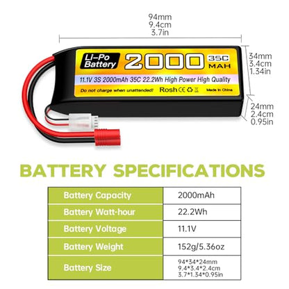 1PCS 3S Lipo Battery 11.1V 2000mAh 35C with 3.5mm Banana Head Plug with USB Charging Cable for RC Car Truck Boat Quadcopter FPV Drone Battery