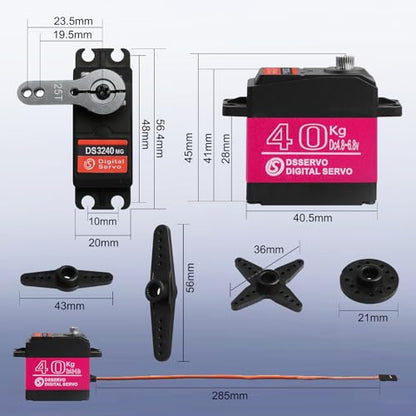 2Pcs 40KG Digital RC Servo with 25T Servo Arm, DS3240MG Full Metal Gear High Torque Steering RC Servo for 1:8 1:10 Scale RC Cars Crawlers Buggy Trucks Airplane Control Angle 180°