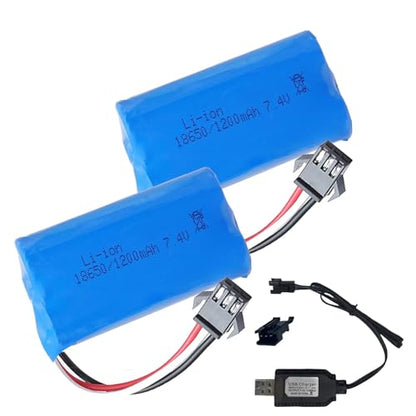 2Pcs 7.4V 1200mAh Li-ion Battery Pack RC Replacement Rechargeable 18650 Battery Pack SM-3P Plug with Charger Cable for RC Drone,Remote Control Car,Radio