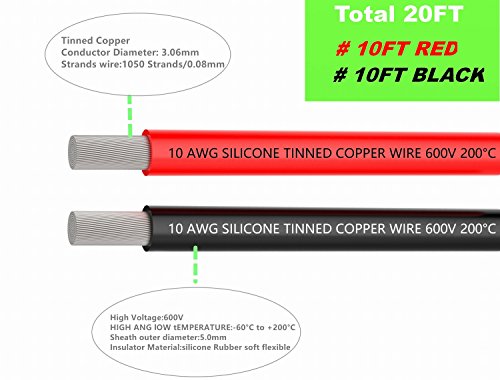 TUOFENG 10 AWG Silicone Wire - Ultra Flexible Stranded, Red/Black 20ft - size: 10 AWG 2 colors wire 10ft