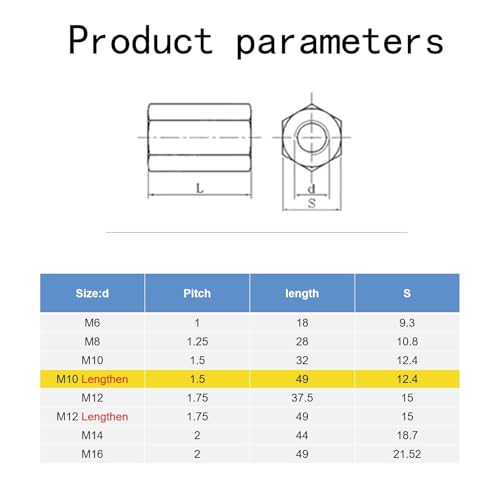 M10-1.5 x 49mm Long Rod Metric Hex Coupling Galvanized Carbon Steel Hex Threaded Rod Coupler for Furniture, Electronic, Industrial 15 Pcs - size: M10-1.5x49mm（15 Pcs）