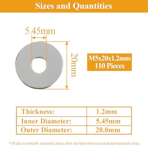 110 Pieces M5x20x1.2mm Fender Washers, 304 Stainless Steel Flat Washers, Fender Washers, Metal Washers for Screws Bolts - size: M5X20X1.2mm