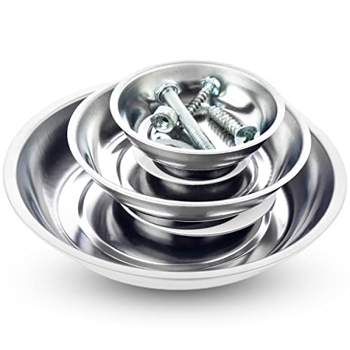 Magnetic Tray 3-Piece Set, Round Stainless Steel Magnetic Parts Trays for Screws, Nuts, Bolts, Pins and Small Tools, Magnetic Bowls for Garage, Workshop and Automotive Repair