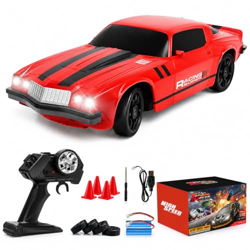 RC Drift Car Remote Control Car 2.4GHz 1/24 4WD 15KM/H High Speed Racing Sport with LED Lights Drifting Tire Racing Sport Toy for Adults Boys Girls Kids Gift 2Pcs Rechargeable Batteries - color: Red