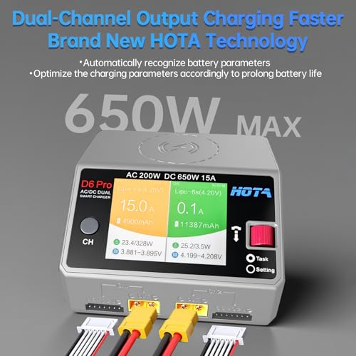 HOTA D6 Pro Lipo Battery Charger Dual Channel Smart Charger AC200W DC650W 15A for LiHv Nicd NiMH Lipo RC Battery Charger with Balance Phone Wireless Charging RC Car RC Boat FPV Race Drone Parts (Gray)