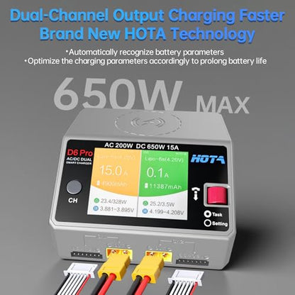 HOTA D6 Pro Lipo Battery Charger Dual Channel Smart Charger AC200W DC650W 15A for LiHv Nicd NiMH Lipo RC Battery Charger with Balance Phone Wireless Charging RC Car RC Boat FPV Race Drone Parts (Gray)