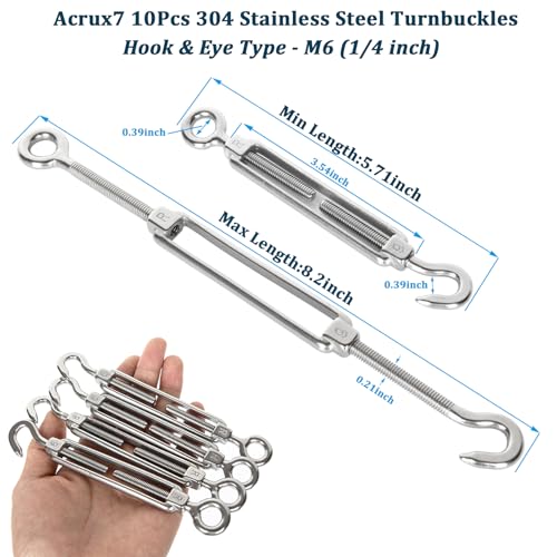 Acrux7 10 PCS M6 Turnbuckle Hook and Eye 304 Stainless Steel Turn Buckles Heavy Duty Adjustable Wire Tensioner Cable Turnbuckle Kit for 1/8 1/4 Inch Cables Wires, Rope Tension, Sun Shade Sail, Cmaper