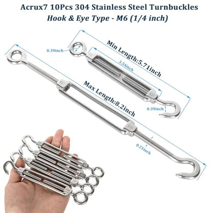 Acrux7 10 PCS M6 Turnbuckle Hook and Eye 304 Stainless Steel Turn Buckles Heavy Duty Adjustable Wire Tensioner Cable Turnbuckle Kit for 1/8 1/4 Inch Cables Wires, Rope Tension, Sun Shade Sail, Cmaper