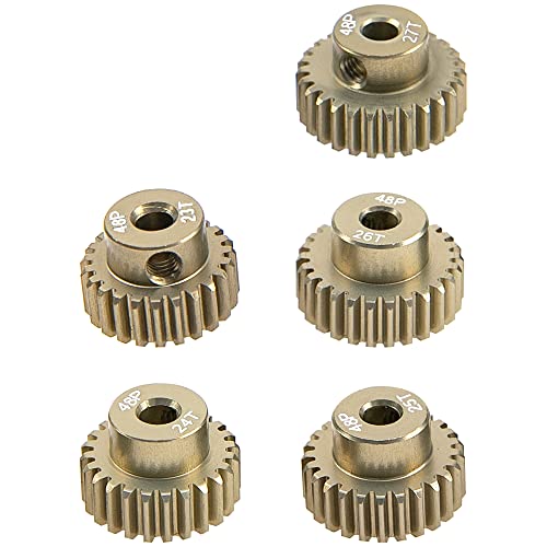 ShareGoo 7075 Aluminum Alloy 48P 3.175mm Pinion Gear Sets 23T 24T 25T 26T 27T Motor Gears Fit 3.175mm (1/8-Inch) Shaft Compatible with HPI Losi Axial Traxxas Tamiya 1/10 RC Car,5Pack