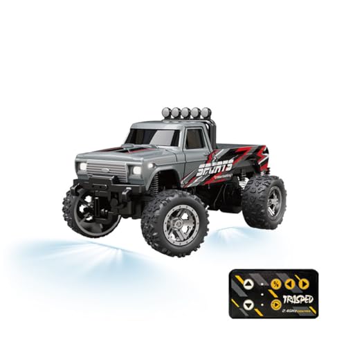 Mini 1/64 RC Off Road Truck, 2.4GHz Alloy Remote Control Car with LED Lights, 3-Speed Monster Truck, Shock Absorber Suspension, Desktop All Terrain RC Vehicle for Teens & Adults - color: Grey