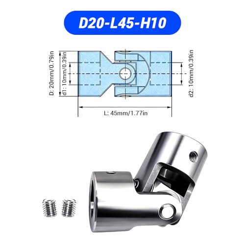 10mm to 10mm Universal Joint Coupling, D20 L45 Stainless Steel Rotatable Steering Shaft U Joint Coupler Motor Connector for DIY Model RC Car Robot - size: D20-L45-H10, style: No Keyway